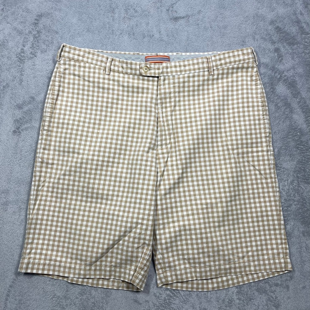Peter Millar Shorts Mens 38(36) Tan Gingham Plaid Cotton Casual Golf Classic